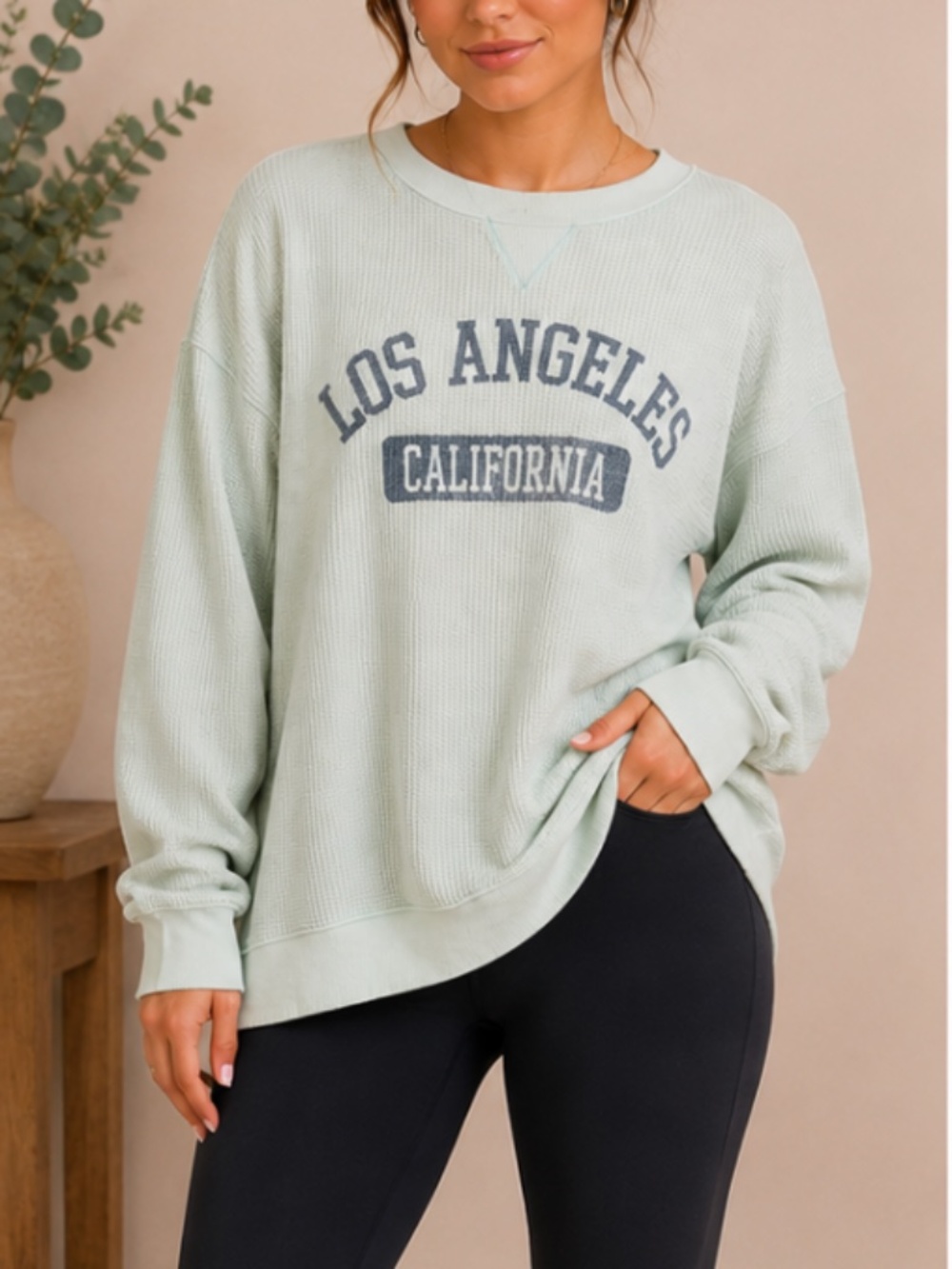Aerie Women Mint Green Los Angeles California Waffle Knit Sweatshirt size Medium